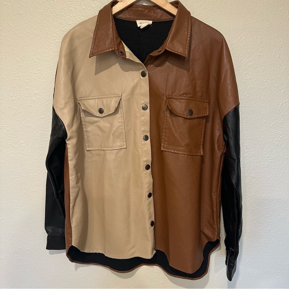 BiBi Color Block Faux Leather Shacket - Picture 4 of 13